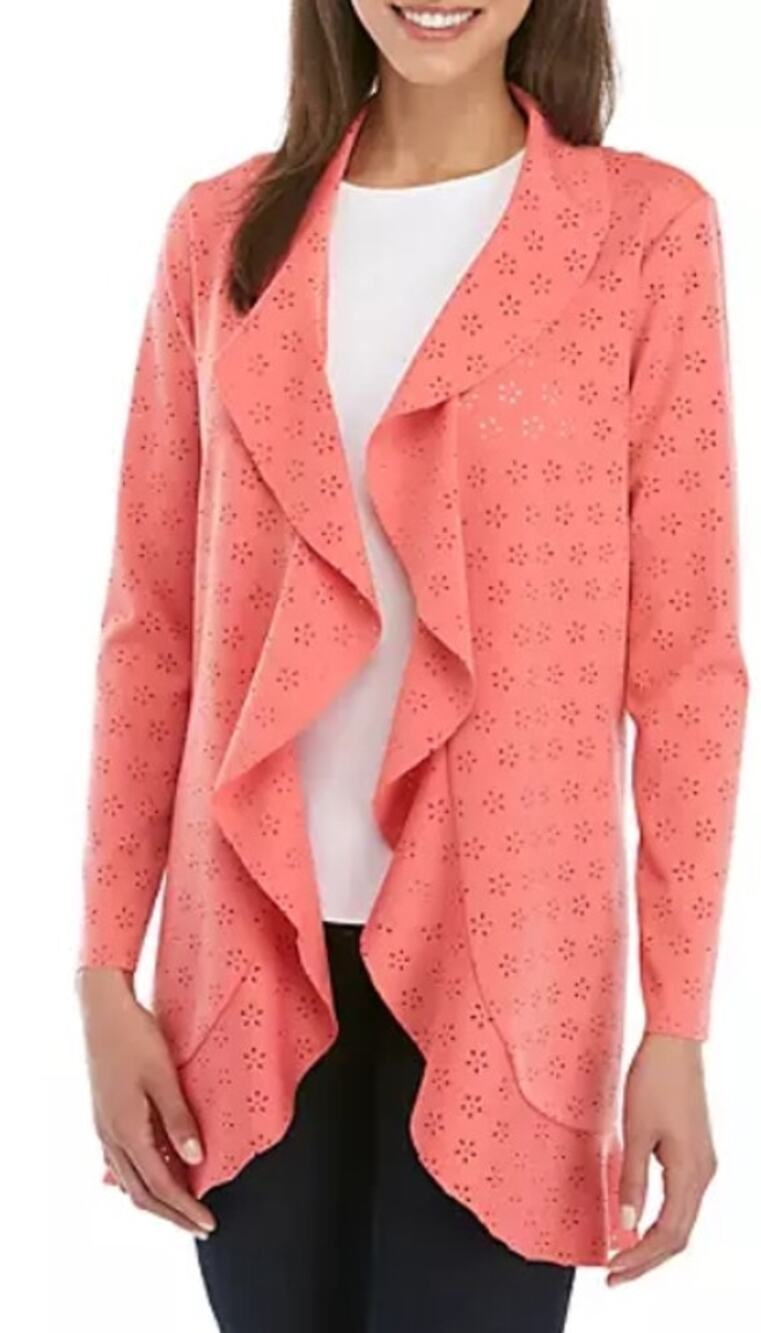 New Cupio Peach Solid Ruffle Scuba Floral Eyelet Open Front Blazer Jacket Large